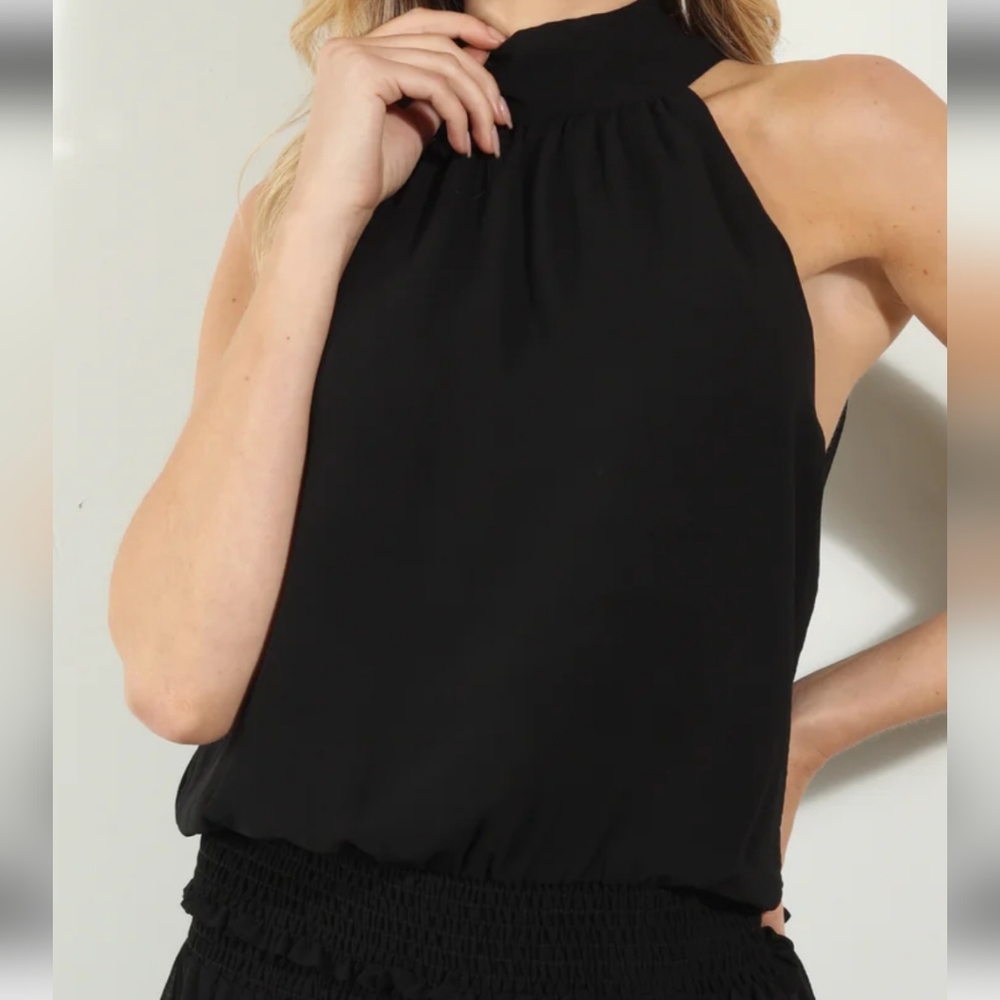 Black Ruched Halter Tank Top